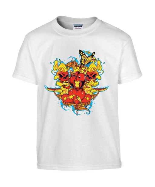 T-shirt Homme Tête de Mort Coeur Trash [Skull, Tattoo, Tatouage, Graphique, Designe, Papillon] T-shirt Manches Courtes, Col Rond