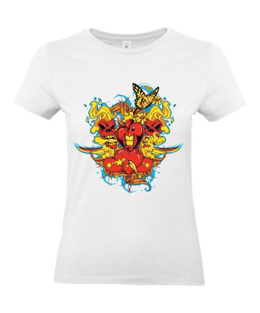 T-shirt Femme Tête de Mort Coeur Trash [Skull, Tattoo, Tatouage, Graphique, Design, Papillon] T-shirt Manches Courtes, Col Rond