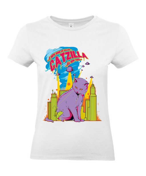 T-shirt Femme Catzilla [Animaux, Films, Godzilla, Parodie, Chat, Cinéma] T-shirt Manches Courtes, Col Rond