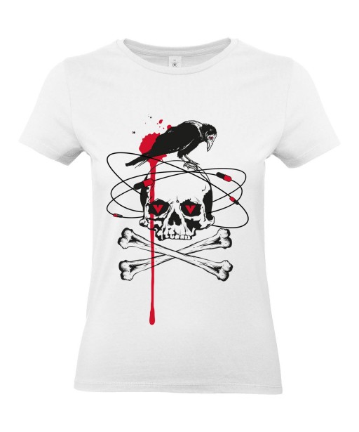 T-shirt Femme Tête de Mort Corbeau [Skull, Gothique, Sang, Os Croisés] T-shirt Manches Courtes, Col Rond