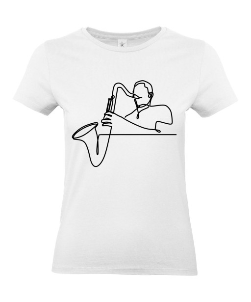 T-shirt Femme Ligne Saxophoniste [Graphique, Design, Trait, Musique, Jazz, Saxophone] T-shirt Manches Courtes, Col Rond