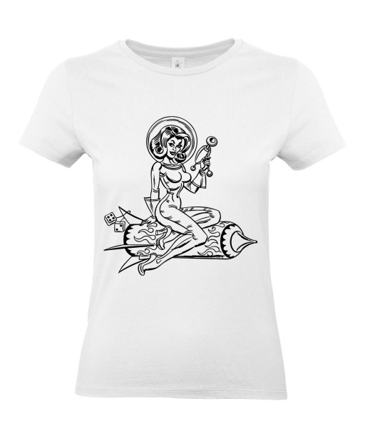 T-shirt Femme Pin-Up Fusée [Rétro, Science-Fiction, Espace, Vintage, Sexy] T-shirt Manches Courtes, Col Rond