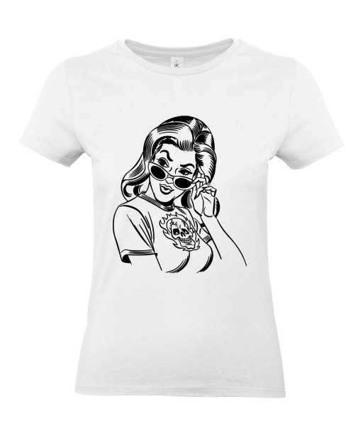 T-shirt Femme Pin-Up Rebelle [Rétro, Tête de Mort, Skull, Rock, Vintage, Sexy] T-shirt Manches Courtes, Col Rond