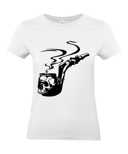 T-shirt Femme Tattoo Pipe Tête de Mort [Skull, Tatouage, Fumée, Tabac] T-shirt Manches Courtes, Col Rond